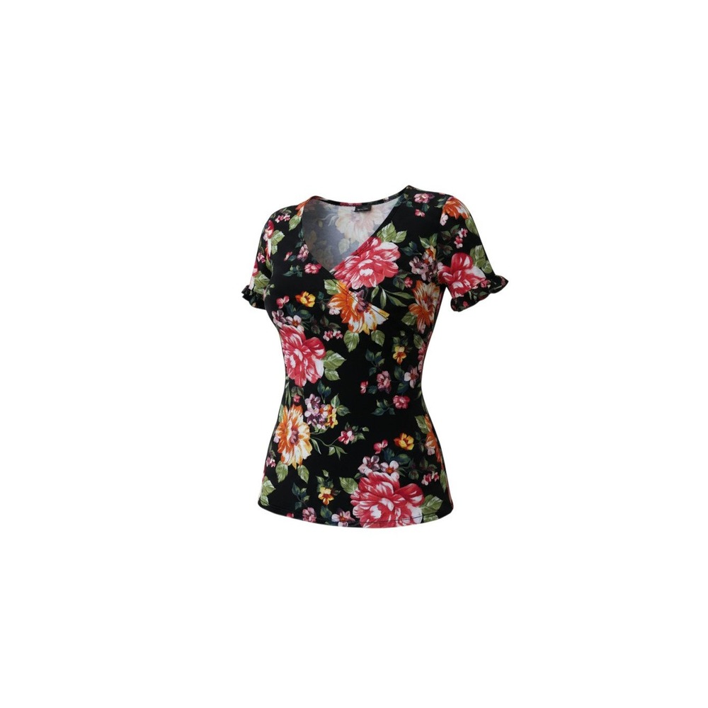 rue21 Floral Print V-Neck Top Womens Large Black Short Sleeve Blouse